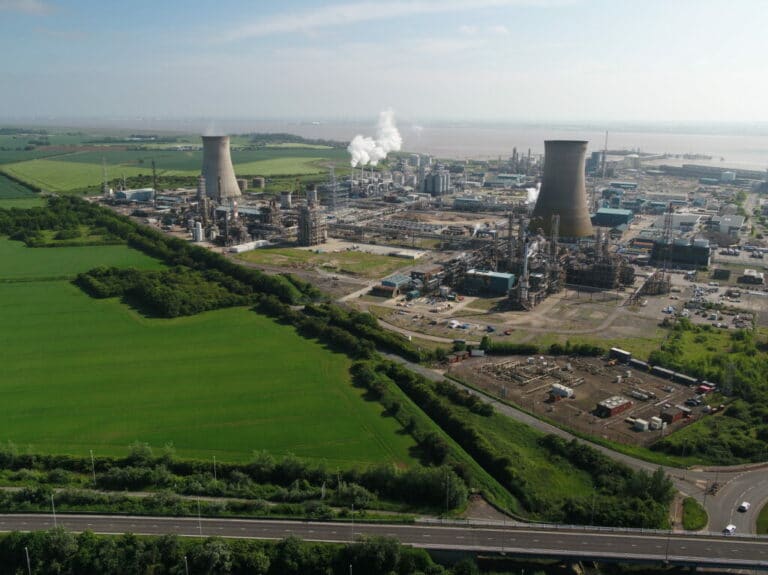 View of an industrial area and fields from above